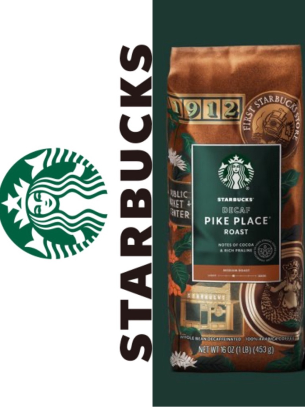 3/$30 Starbucks Pikes Place Decaf 1 Pound Whole Bean